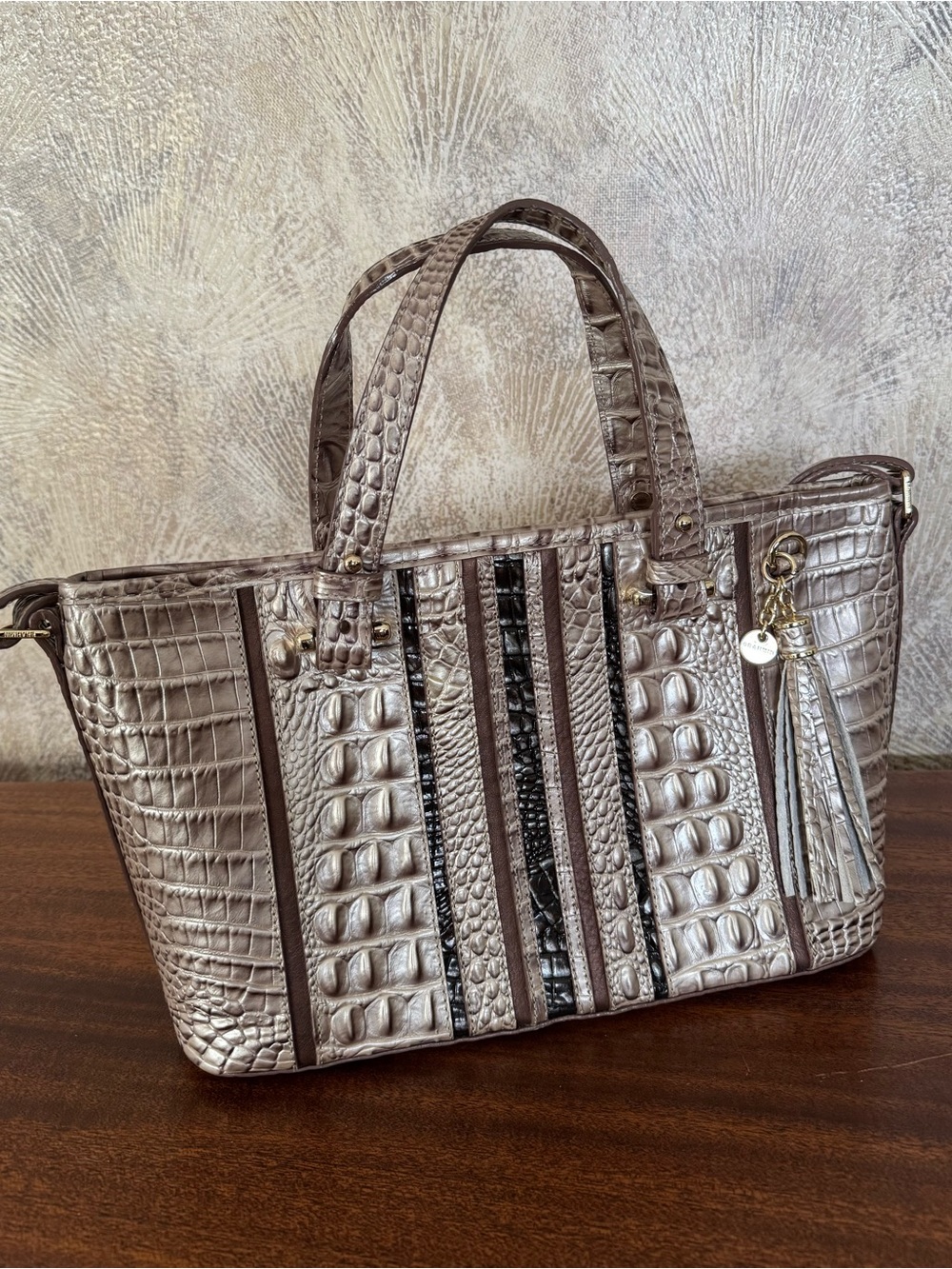 Brahmin Metallic Taupe and Chocolate Croc-Embossed Bag with Tassel